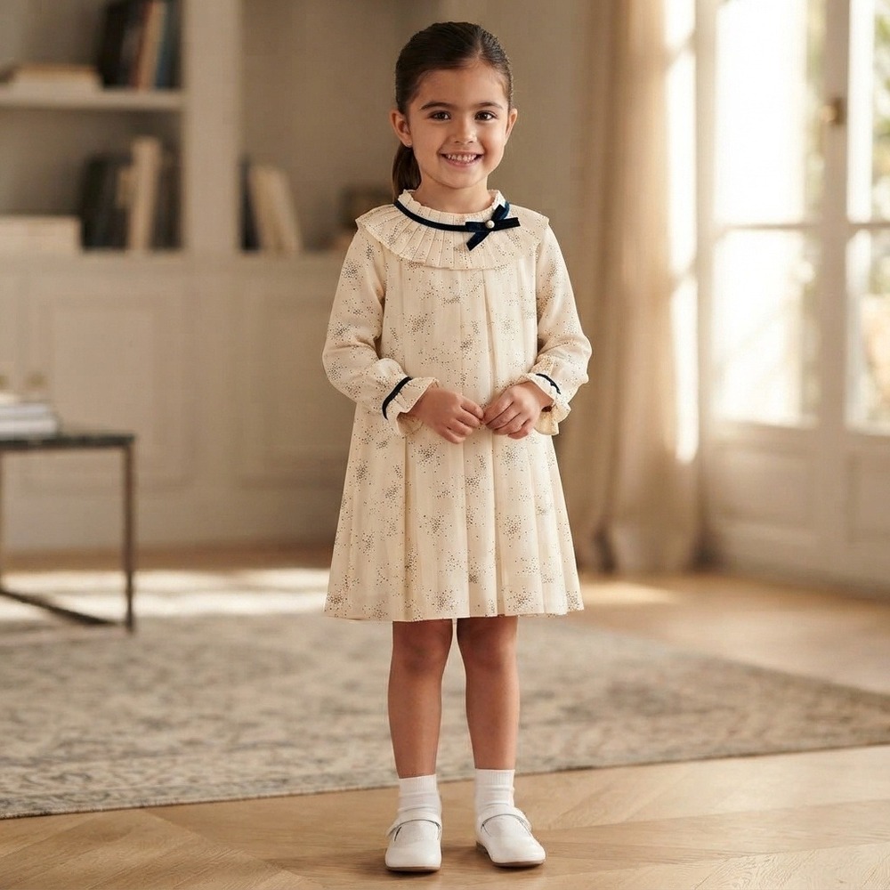 Pili Carrera Pleated Dress Kids Size 4 Cream Excellent Velvet Bow Spain
